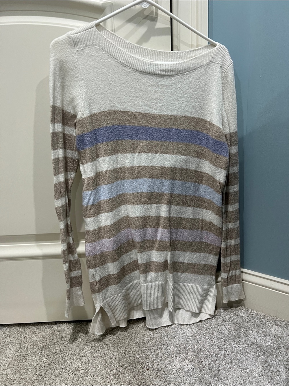 Loft Striped Lightweight Sweater - White, Tan & Blue